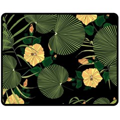 Tropical Vintage Yellow Hibiscus Floral Green Leaves Seamless Pattern Black Background  Double Sided Fleece Blanket (medium)  by Sobalvarro