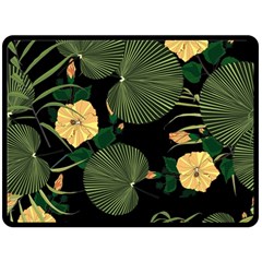 Tropical Vintage Yellow Hibiscus Floral Green Leaves Seamless Pattern Black Background  Double Sided Fleece Blanket (large)  by Sobalvarro