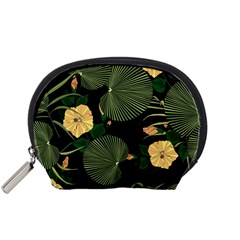 Tropical Vintage Yellow Hibiscus Floral Green Leaves Seamless Pattern Black Background  Accessory Pouch (small) by Sobalvarro