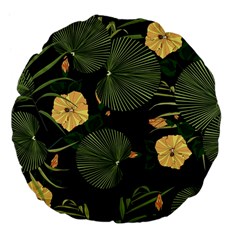 Tropical Vintage Yellow Hibiscus Floral Green Leaves Seamless Pattern Black Background  Large 18  Premium Flano Round Cushions by Sobalvarro