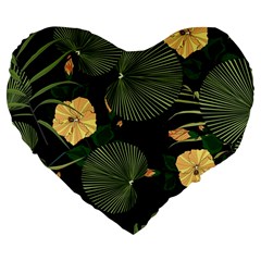 Tropical Vintage Yellow Hibiscus Floral Green Leaves Seamless Pattern Black Background  Large 19  Premium Flano Heart Shape Cushions by Sobalvarro