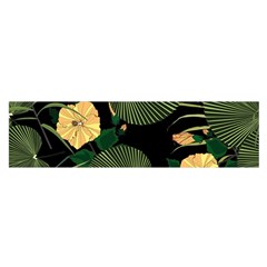 Tropical Vintage Yellow Hibiscus Floral Green Leaves Seamless Pattern Black Background  Satin Scarf (oblong) by Sobalvarro