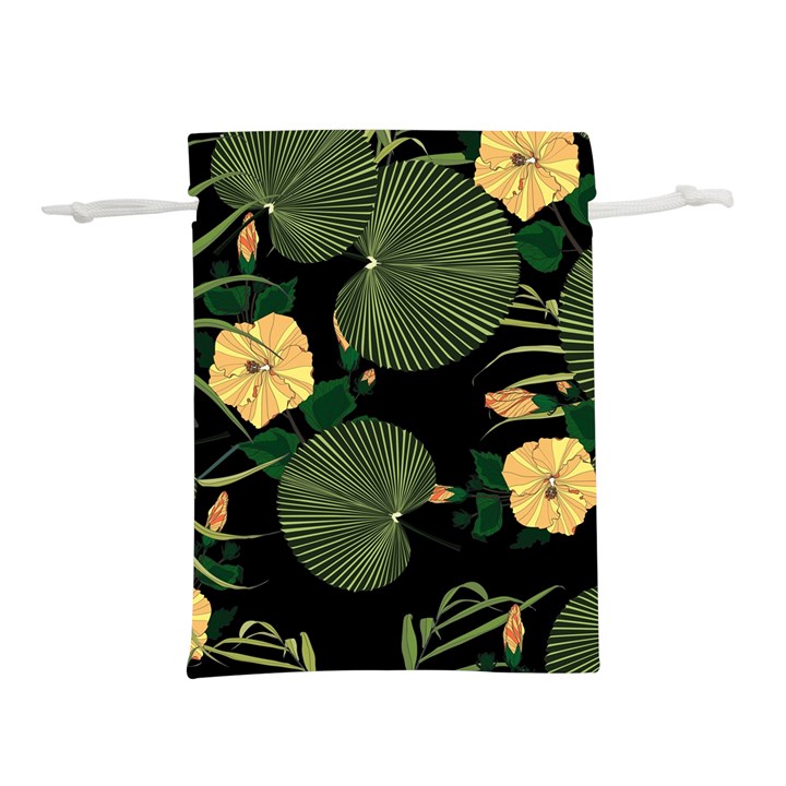 Tropical vintage yellow hibiscus floral green leaves seamless pattern black background. Lightweight Drawstring Pouch (L)
