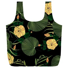 Tropical Vintage Yellow Hibiscus Floral Green Leaves Seamless Pattern Black Background  Full Print Recycle Bag (xxl) by Sobalvarro