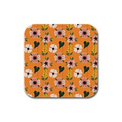 Flower Orange Pattern Floral Rubber Square Coaster (4 Pack) 