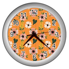 Flower Orange Pattern Floral Wall Clock (silver)