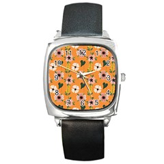 Flower Orange Pattern Floral Square Metal Watch by Dutashop