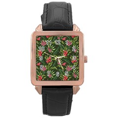 Tropical Flowers Rose Gold Leather Watch  by goljakoff