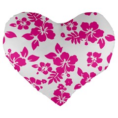 Hibiscus Pattern Pink Large 19  Premium Flano Heart Shape Cushions by GrowBasket