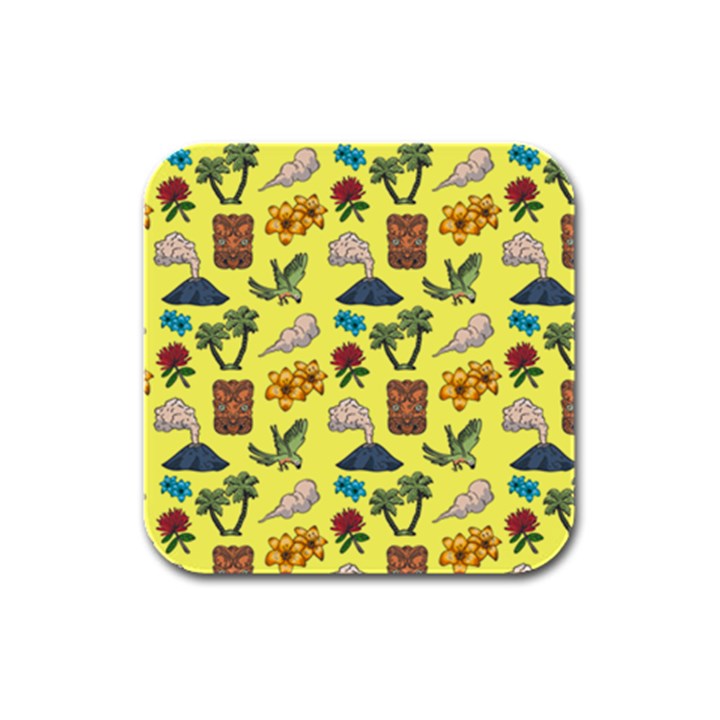 Tropical Island Tiki Parrots, Mask And Palm Trees Rubber Square Coaster (4 pack) 