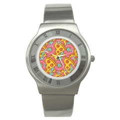 Fast Food Pizza And Donut Pattern Stainless Steel Watch by DinzDas
