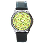 Vector Fruits pattern, pastel colors, yellow background Round Metal Watch
