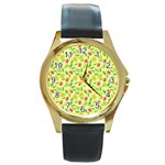 Vector Fruits pattern, pastel colors, yellow background Round Gold Metal Watch