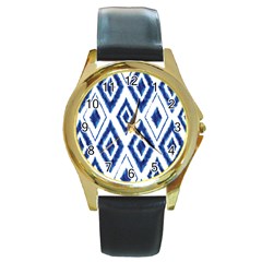 Blue Diamond Pattern Round Gold Metal Watch by designsbymallika