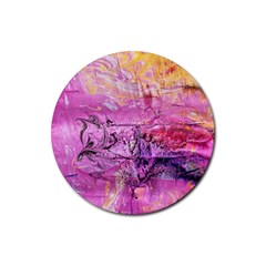 Magenta On Ochre Abstract  Rubber Round Coaster (4 Pack)  by kaleidomarblingart
