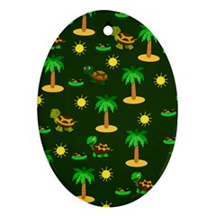 Turtle And Palm On Green Pattern Oval Ornament (two Sides) by Daria3107