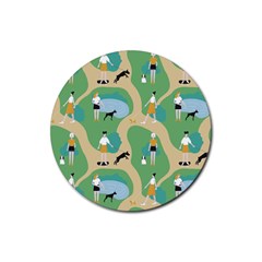Girls With Dogs For A Walk In The Park Rubber Coaster (round)  by SychEva