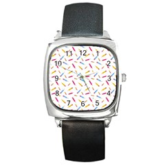 Multicolored Pencils And Erasers Square Metal Watch by SychEva