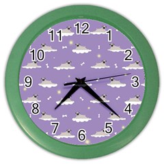 Cheerful Pugs Lie In The Clouds Color Wall Clock by SychEva