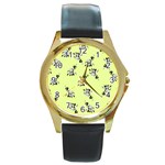 Black and white vector flowers at canary yellow Round Gold Metal Watch