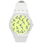 Black and white vector flowers at canary yellow Round Plastic Sport Watch (M)