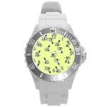Black and white vector flowers at canary yellow Round Plastic Sport Watch (L)