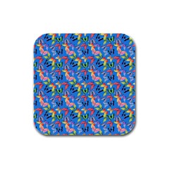 Multicolored Butterflies Fly On A Blue Background Rubber Square Coaster (4 Pack)  by SychEva