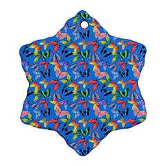 Multicolored Butterflies Fly On A Blue Background Snowflake Ornament (two Sides) by SychEva