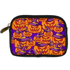 Purple And Orange Pumpkins, Crazy Halloween Pattern, Jack O  Lantern Digital Camera Leather Case by Casemiro