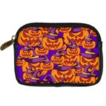 Purple and orange pumpkins, crazy Halloween pattern, Jack o  Lantern Digital Camera Leather Case Front