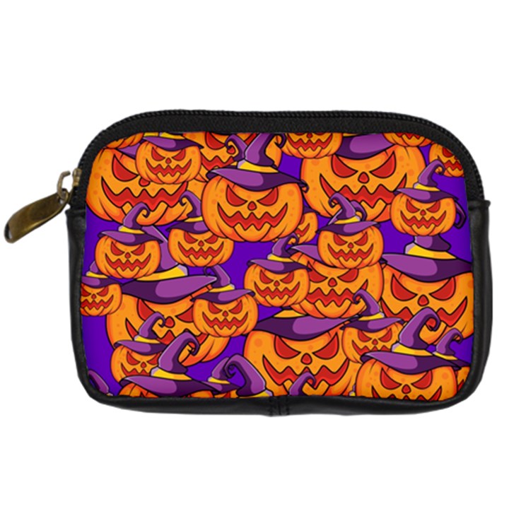 Purple and orange pumpkins, crazy Halloween pattern, Jack o  Lantern Digital Camera Leather Case