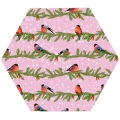 Bullfinches Sit On Branches On A Pink Background Wooden Puzzle Hexagon by SychEva