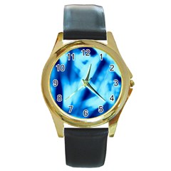 Blue Abstract 2 Round Gold Metal Watch by DimitriosArt