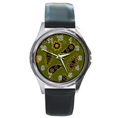 Floral Pattern Paisley Style Paisley Print  Doodle Background Round Metal Watch by Eskimos