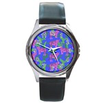Pink Tigers On A Blue Background Round Metal Watch