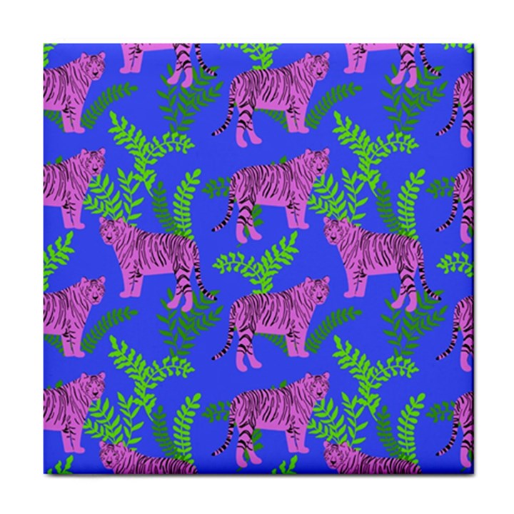 Pink Tigers On A Blue Background Tile Coaster