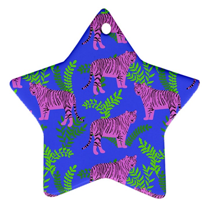 Pink Tigers On A Blue Background Star Ornament (Two Sides)