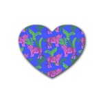 Pink Tigers On A Blue Background Rubber Coaster (Heart)