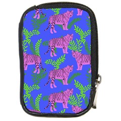 Pink Tigers On A Blue Background Compact Camera Leather Case by SychEva