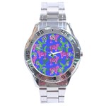 Pink Tigers On A Blue Background Stainless Steel Analogue Watch