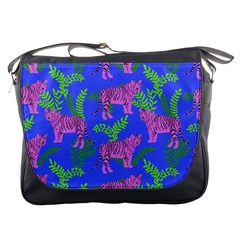 Pink Tigers On A Blue Background Messenger Bag by SychEva