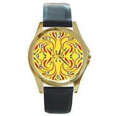 Floral Folk Damask Pattern  Round Gold Metal Watch by Eskimos