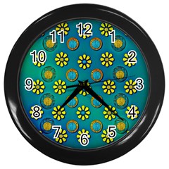 Yellow And Blue Proud Blooming Flowers Wall Clock (black) by pepitasart