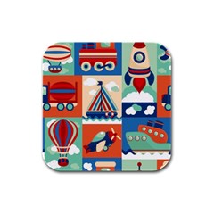 Toy-transport-cartoon-seamless-pattern-with-airplane-aerostat-sail-yacht-vector-illustration Rubber Square Coaster (4 Pack) by Jancukart