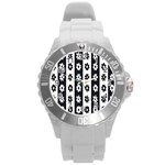 Black-and-white-flower-pattern-by-zebra-stripes-seamless-floral-for-printing-wall-textile-free-vecto Round Plastic Sport Watch (L)