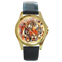Tiger-portrait-art-abstract Round Gold Metal Watch by Jancukart