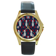 Christmas-seamless-knitted-pattern-background 004 Round Gold Metal Watch by nate14shop