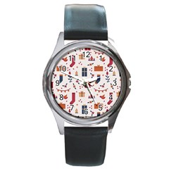 Christmas-gifts-socks-pattern Round Metal Watch by nate14shop