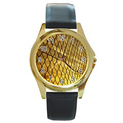 Chain Link Fence Sunset Wire Steel Fence Round Gold Metal Watch by artworkshop