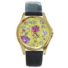 Blue Purple Floral Pattern Round Gold Metal Watch by designsbymallika